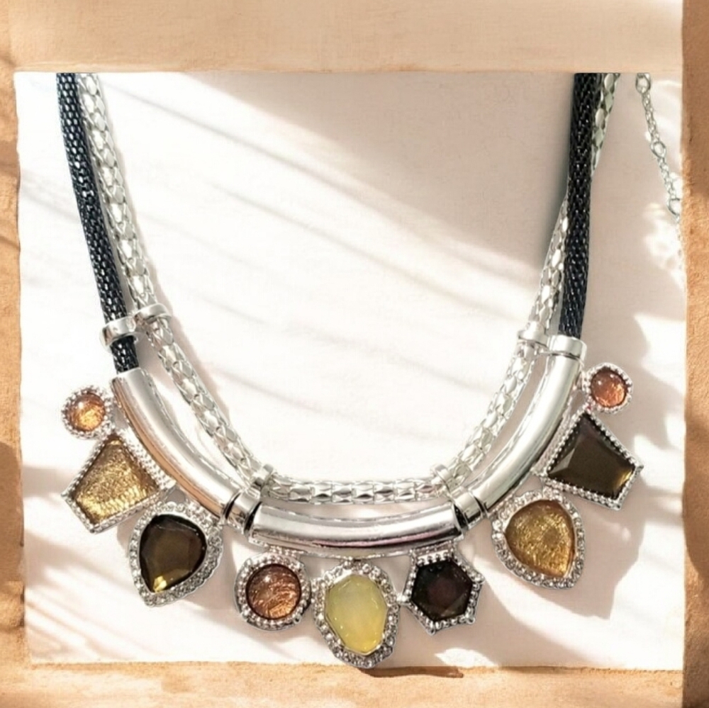 JLO Multi Strand Silver and Earth Tone Gems Statement Necklace